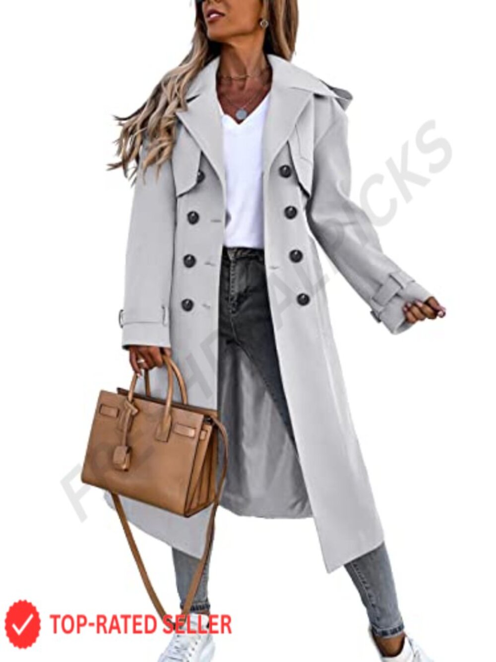 Women's Double Breasted Long Trench Coat Windproof Classic Lapel Belted